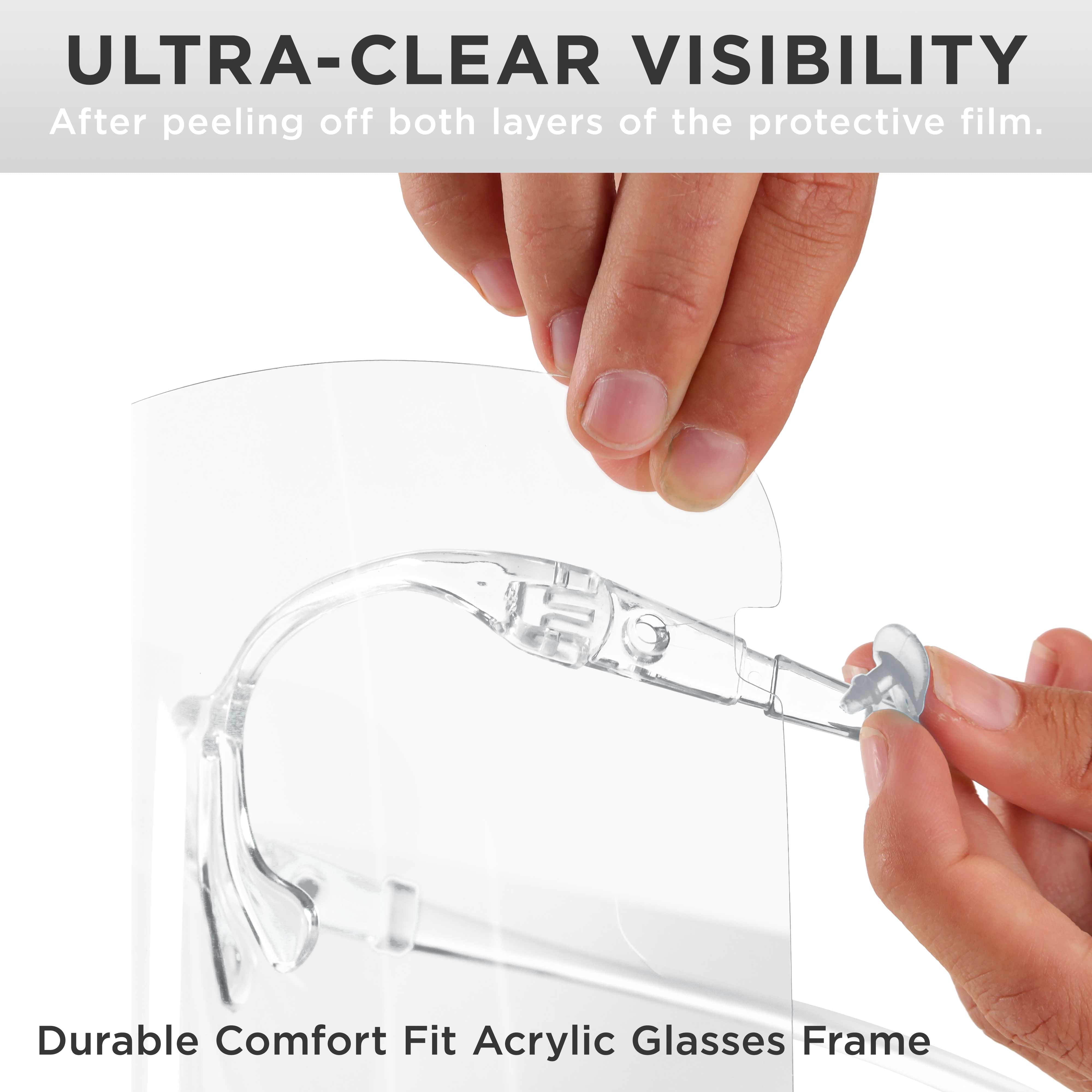 TCP Global Salon World Safety Face Shields with All Clear Glasses Frames (Case of 500) - Ultra Clear Protective Full Face Shields to Protect Eyes, Nose, Mouth - Anti-Fog PET Plastic, Goggles