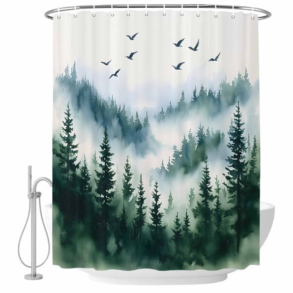 Ink Green Forest Shower Curtain Set - Extra Long 72" x 96" Washable Bathtub Curtain with 12 Hooks, Watercolor Modern Mountain Waterproof Fabric Stall Shower Curtains for Bathroom/Bathtub Décor