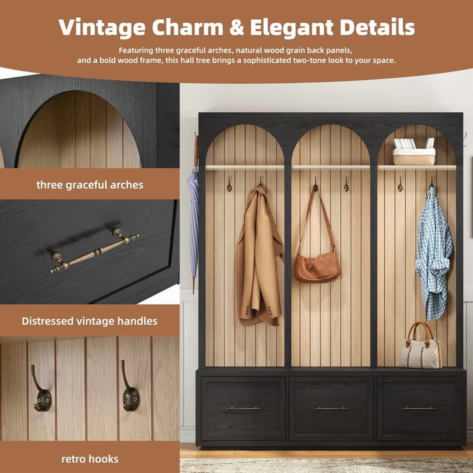 Farmhouse Arched Design Hall Tree with Retro Hooks, Entryway Seating Bench with 3 Storage Drawers, Elegant Coat Rack for Living Room