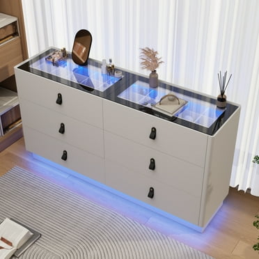 ChVans 59" Large LED Dresser with Glass Top, 6 Drawer White Dresser for Bedroom, Long Modern Chest of Drawers, Jewelry Closet Island with Drawers, Wide Drawer Organizer Cabinet