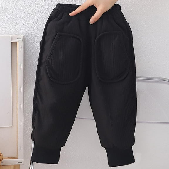 Toddler Boy's Cotton Pull-on Pants Boys' Casual Solid Color Pocket Thickened And Flannel Mid Waist Leg Up Pants For 1-6years