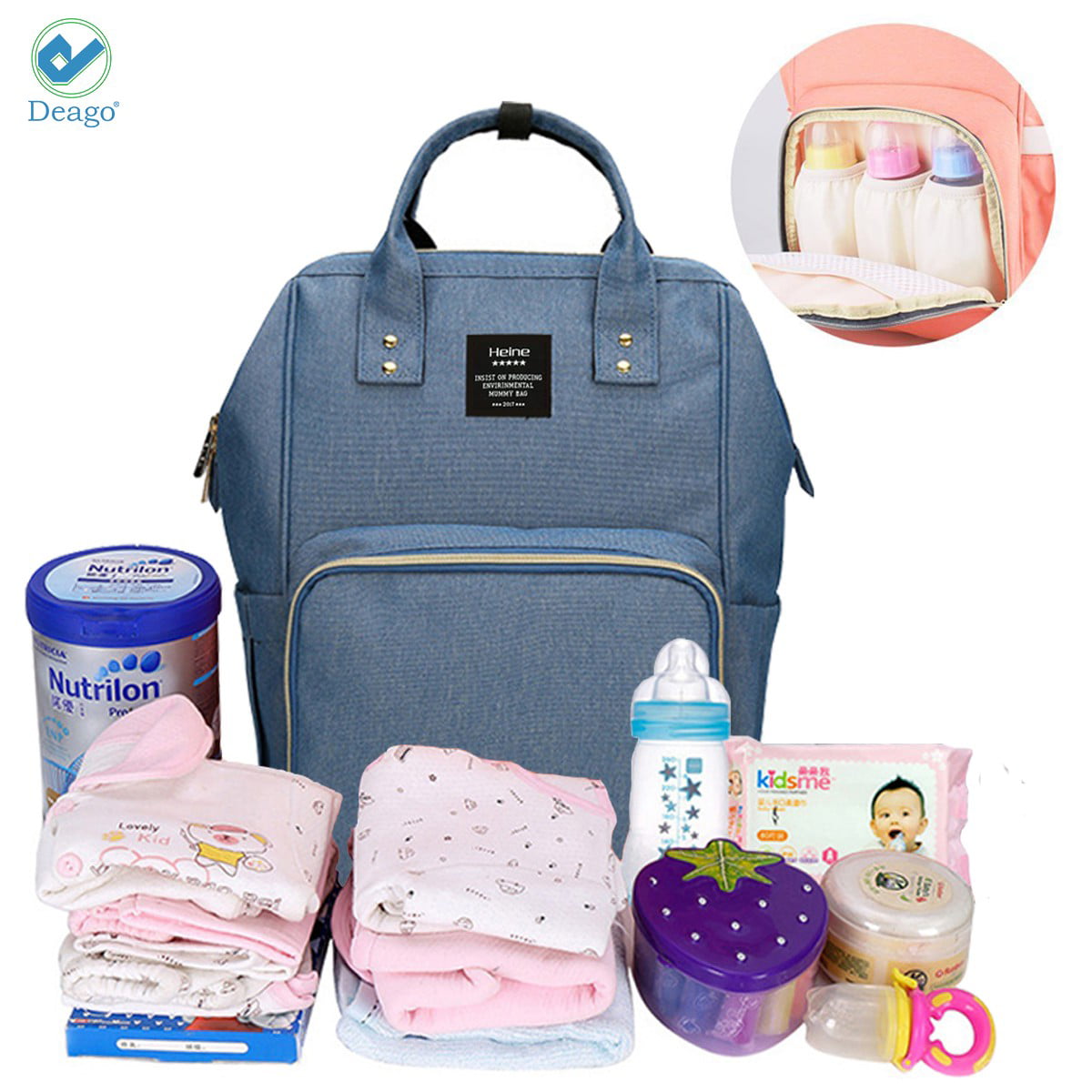 Diaper Bag for Baby by Multifunction Large Capacity Waterproof Insulated Mummy Bag Five Pieces from Mother and Child Package Shoulder Bag with Changing pad Navy
