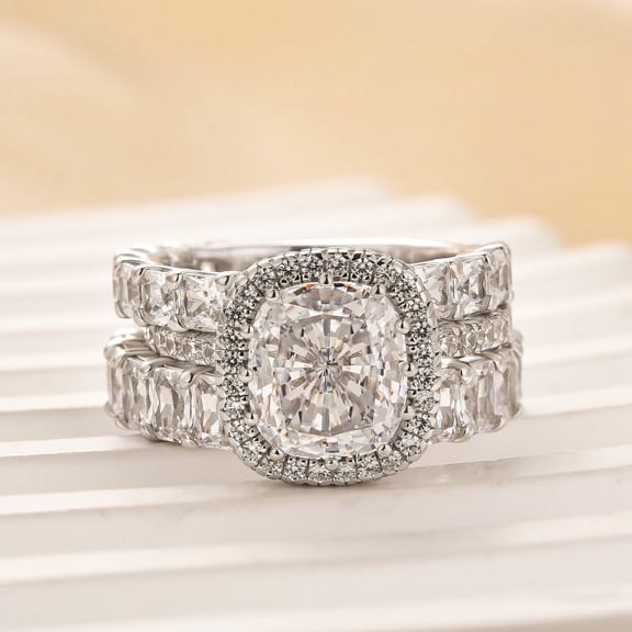 Veda Jewel 14K White Gold Plated 1.7 Ct Lab Created Diamond Halo Trio Ring Set - Cushion Cut Engagement Jewelry for Her - Unique Diamond Ring with Two Eternity Bands for Women