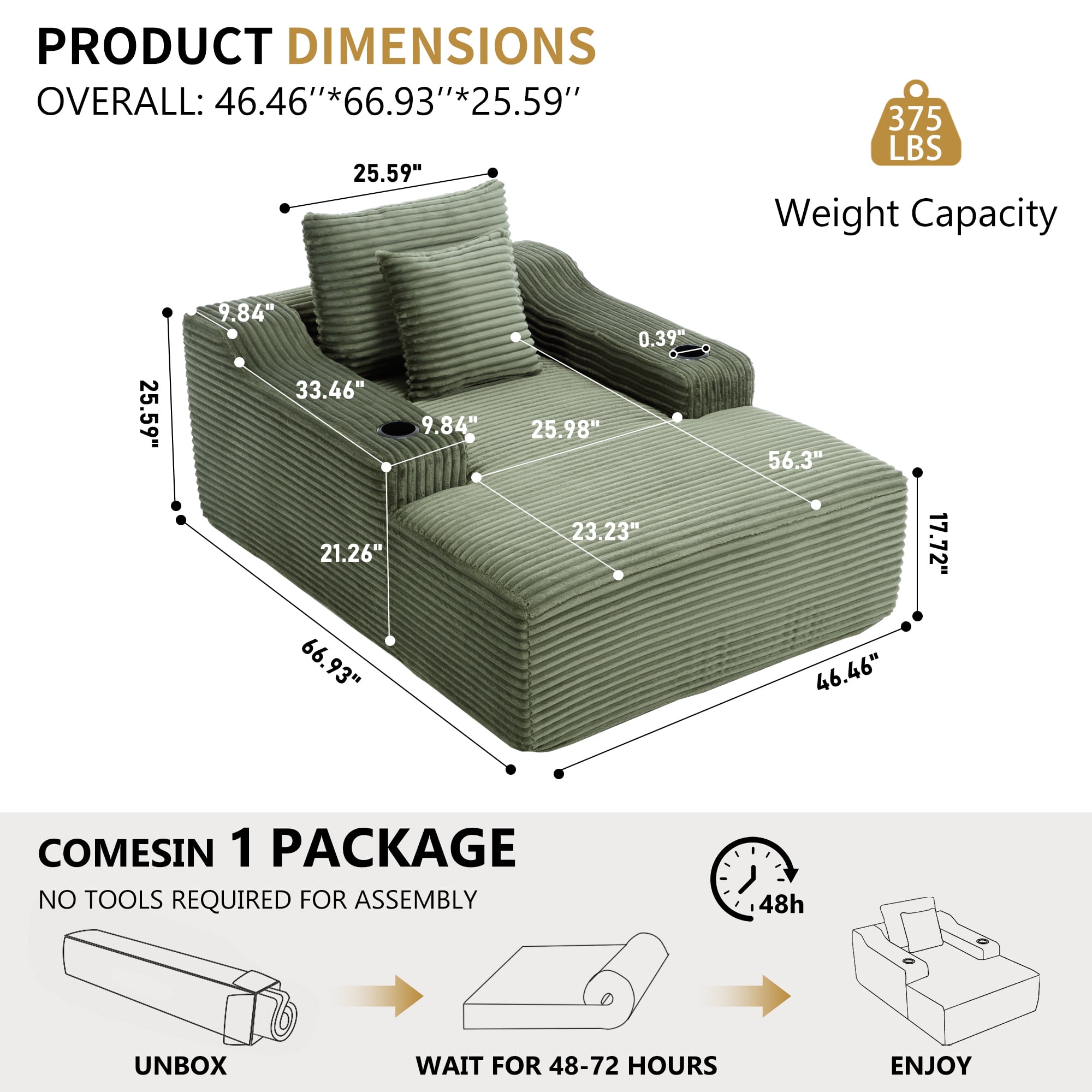 Leumius 67" Oversized Chaise Lounge Chair Indoor,Soft Boneless Cloud Couch with 2 Pillowsand 2 Cup Holders, Comfy Corduroy Sleeper Couch for Living Room Bedroom,No Assembly Required,Green
