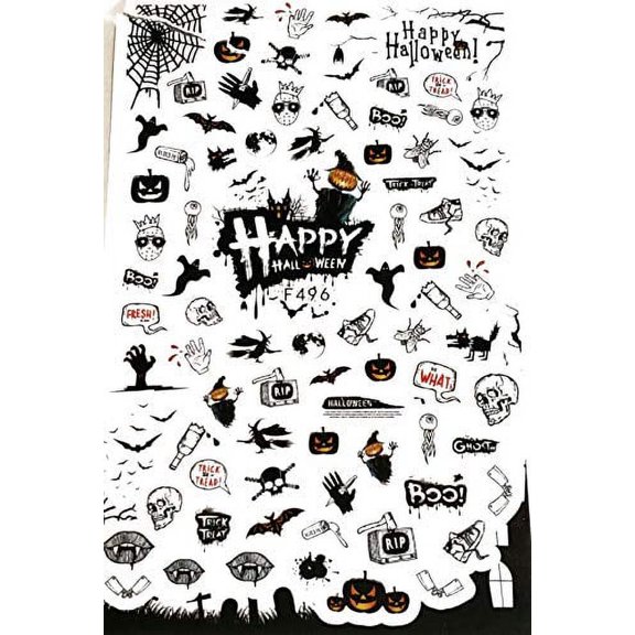 Over 50 Halloween Nail Stickers - Pumpkin - skull - words - Nail Decal Punk Gothic Rockabilly Nail Wrap Decals Sticker Nail Art - Great for Halloween!