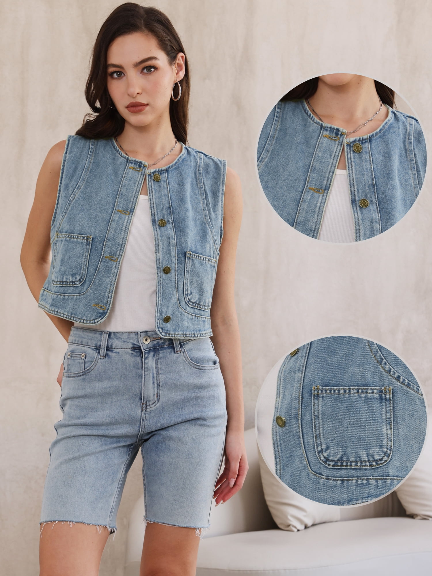 DARING DIVA Women's Crew Neck Button Down Sleeveless Jean Jacket Vest L Retro Blue