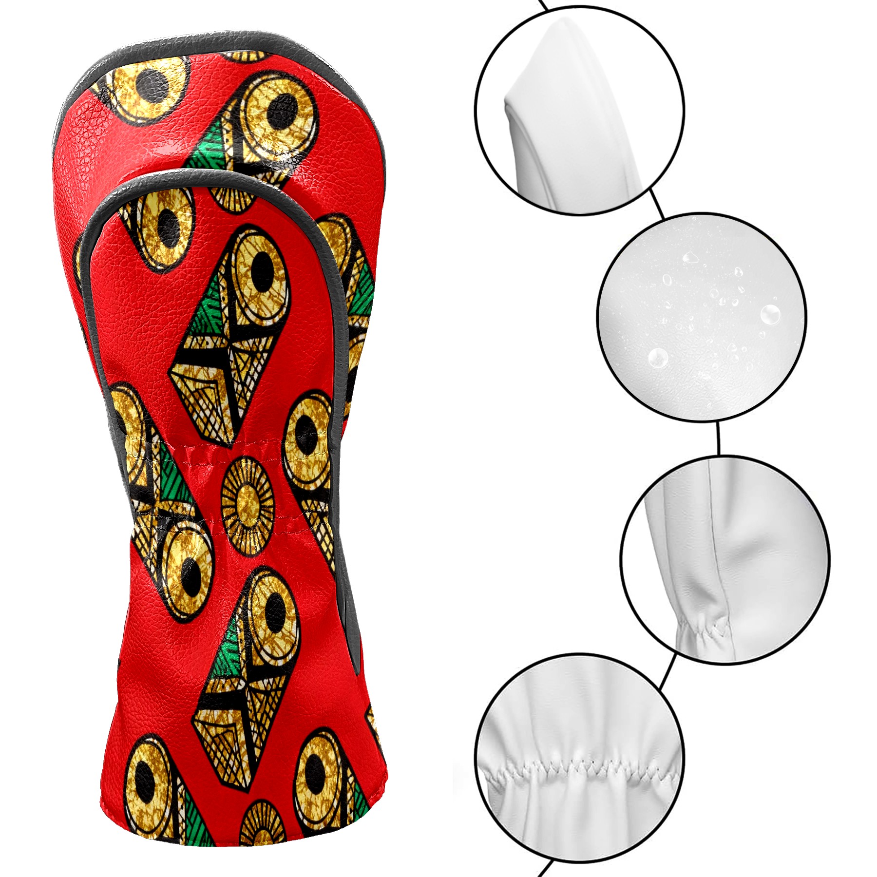Golf Club Covers, Red GeometricOrnament Premium PU Leather Driver Hybrid Putter Head Covers with Velvet Lining, Waterproof Golf Gifts for Men Women