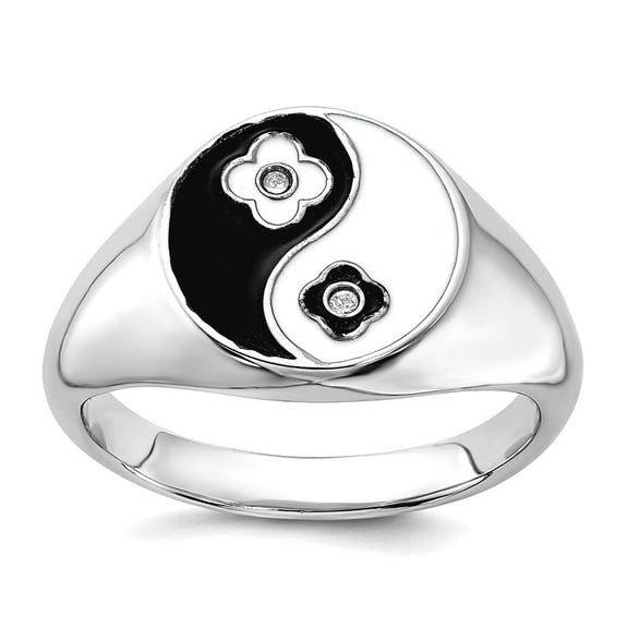 925 Sterling Silver Rhodium Plated Enameled Yin Yang Cubic Zirconia Ring Size 6 2.7mm Wide Ring for Women