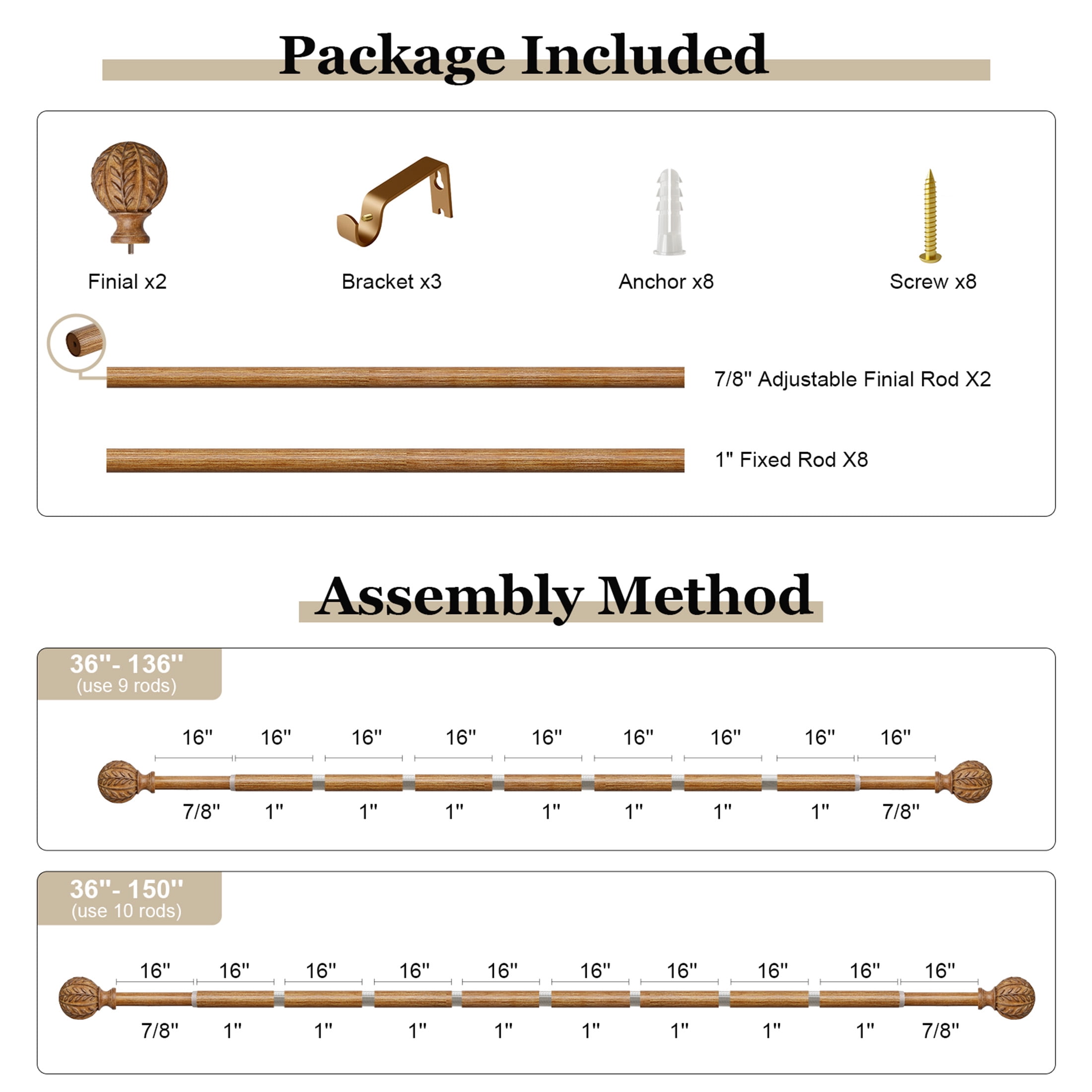 Yokila Traditional Brown Curtain Rods for Windows 36 to 150 Inches Adjustable Length Heavy Duty 1" Diameter Single Window Curtain Rod with Decorative Finials for Kitchen Living Room Bedroom