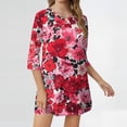 thumbnail image 2 of WTOBBY Women's Fashion Casual Retro Floral Print V-Neck Mid-Length Tunic Tops with Pockets, 3/4 Sleeve Blouses, Versatile and Stylish Shirt,Red M, 2 of 5