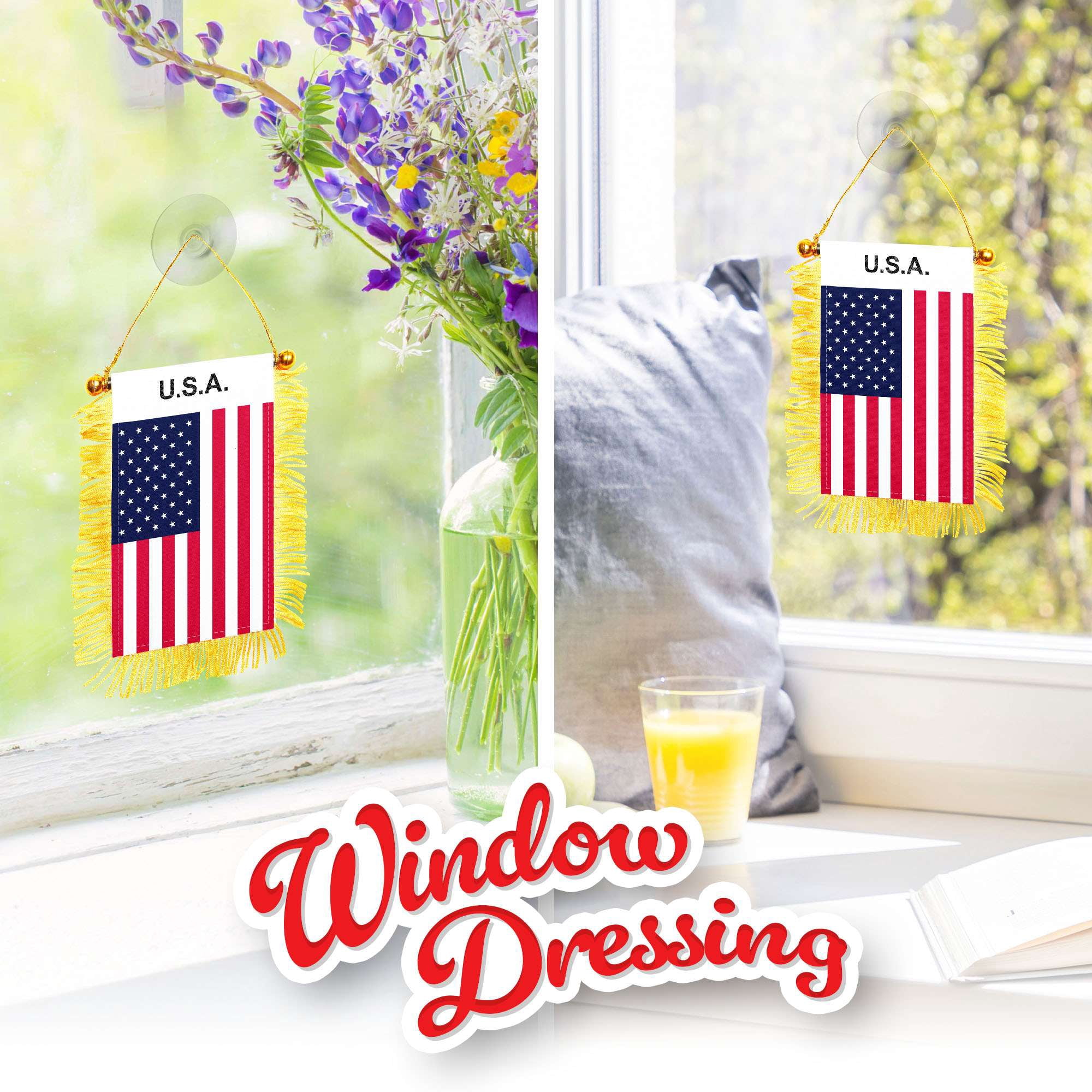 G128 2 Pack: USA American Fringy Flag | 3x5IN | Fringy Hanging Double Sided Flag with Suction Cup, Window and Car Rearview Mirror Decor