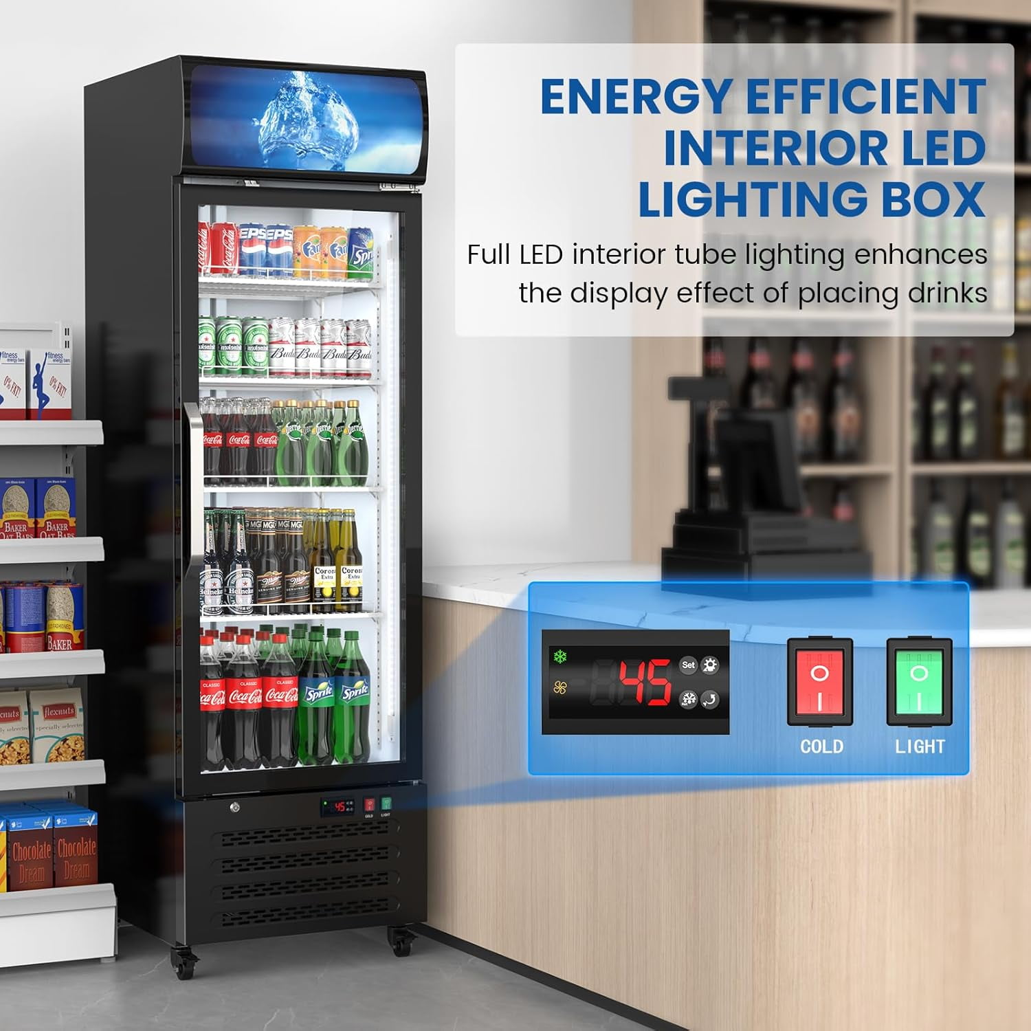 12 Cu Ft Commercial Beverage Fridge w/ Glass Door & LED Light - Freestanding Display Cooler for Shop, Restaurant, Business