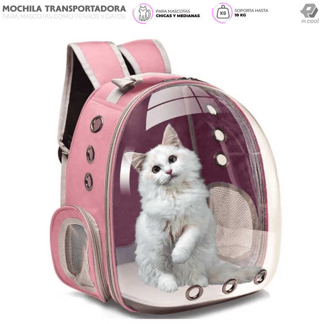 mochila transportadora para mascotas pitipa perro gato expandible portatil m80-pin rosa. Vista frontal 3/4 con domo panorámico transparente; semirrígida de loneta Oxford con paneles de malla laterales, asas y tirantes acolchonados, bolso lateral y cierres frontal/trasero. Interior con correa de sujeción y base acolchada; soporta hasta 7 kg, mide 42 cm alto x 34 x 26 cm. Suele usarse para mantener a la mascota cerca durante traslados o visitas al veterinario.
