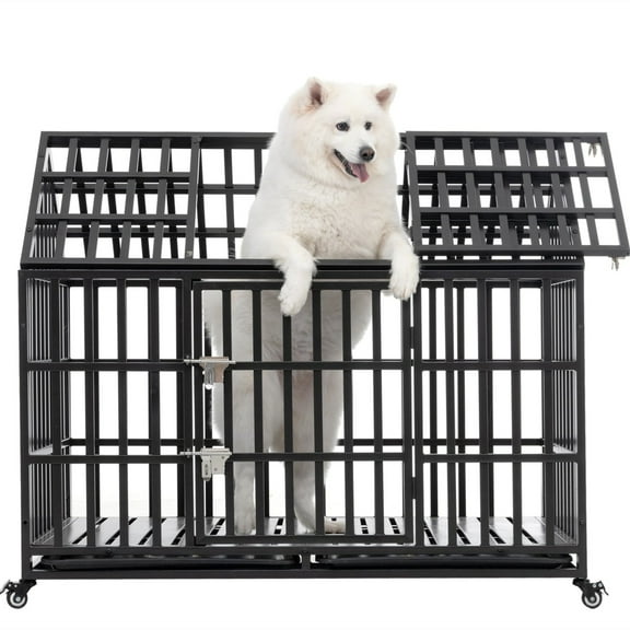 Aukfa 43/47/51 in Heavy Duty Indestructible Dog Crate, House Shape Escape Proof Dog Cage Kennel with Lockable Wheels & Removable Tray