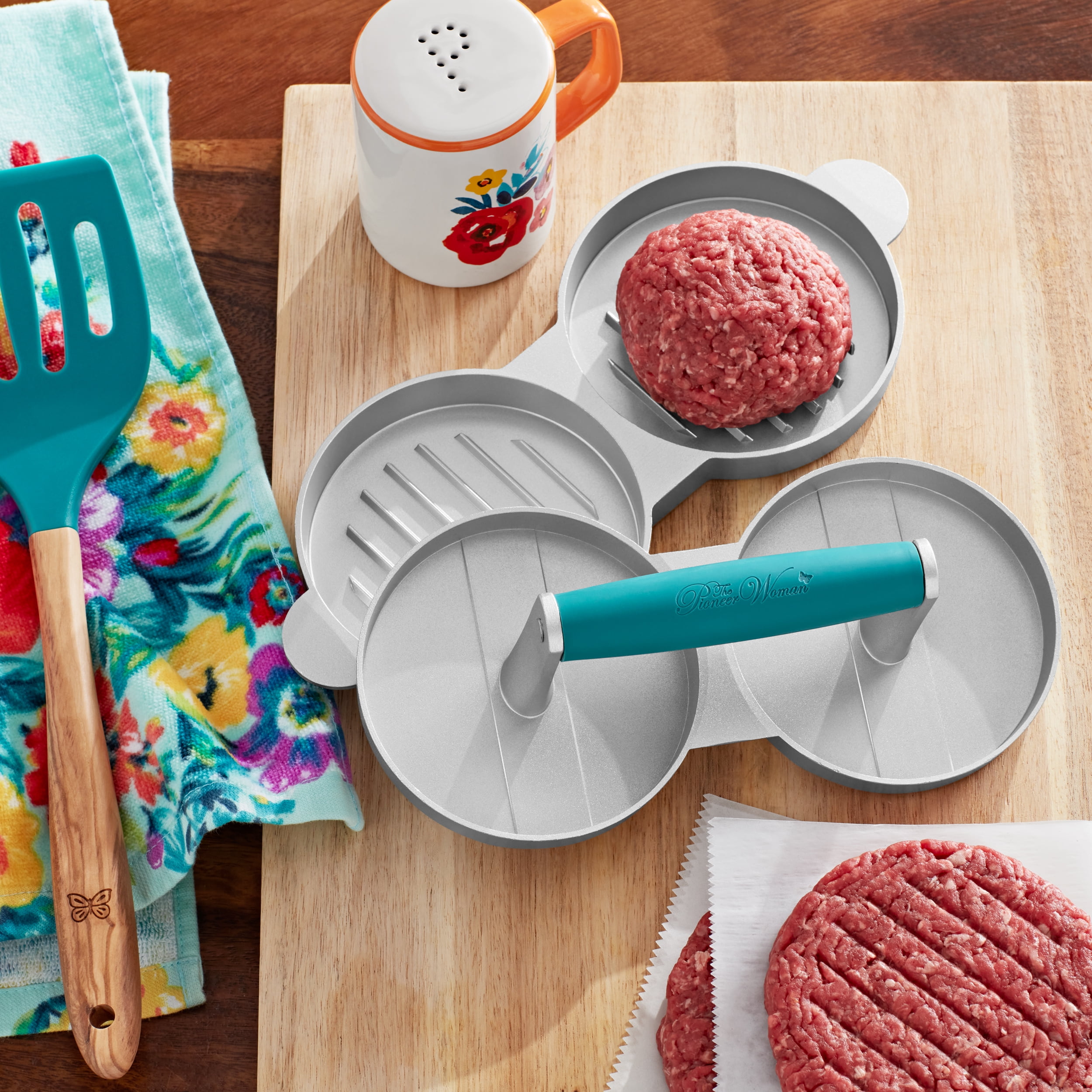 The Pioneer Woman Timeless Beauty Aluminum Double Burger Press, Teal