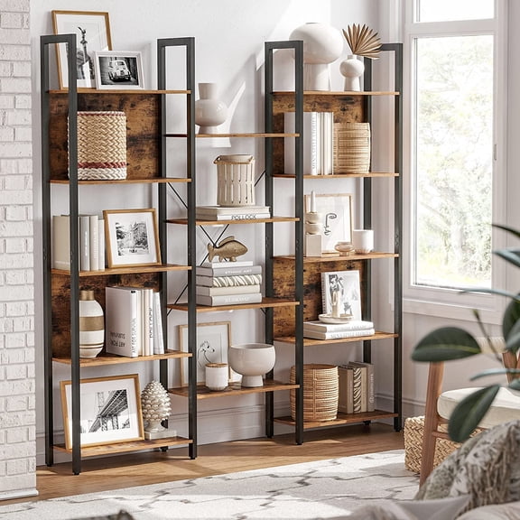 5 Tier Large Bookcases and Bookshelves Triple Wide Bookshelf with 14 Storage Shelves Living Room Study Office Industrial Style Rustic Brown and Black