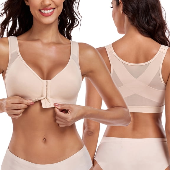 Exerin Women's Front Closure Back Support Bra Full Coverage Wireless Comfortable Posture Bras