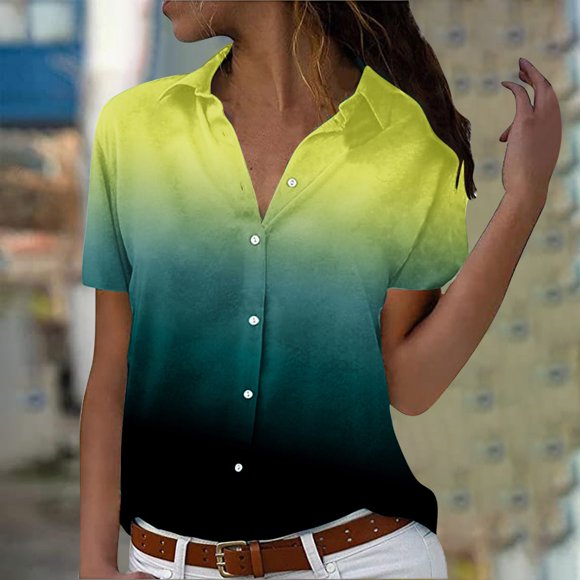 Fartey Plus Size Shirts for Women Clearance Fashion Gradient Tie Dye Short Sleeve Tee Shirts Business Casual V Neck Lapel Button Down Tops Summer Loose Comfy Blouses