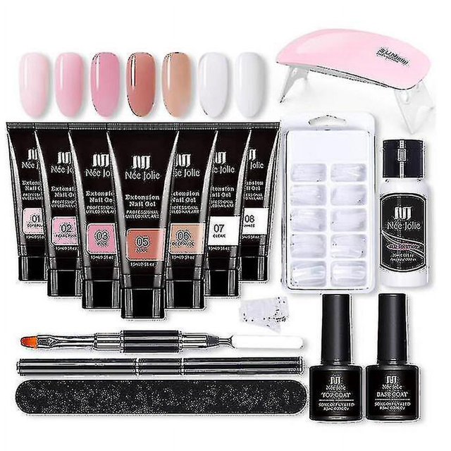 kit de uñas de gel de extensión - gel de mejora de uñas 7 colores kit todo en uno rosa desnudo con lámpara de uñas Vista frontal del kit: siete tubos numerados de gel en tonos nude, dos frascos de base/top coat, mini lámpara de uñas rosa plegable, bandeja de uñas postizas blancas, botella de limpiador, lima negra, pinceles y empujador de cutículas, con muestras de uñas que muestran la gama rosada; ideal para manicura y aplicación de uñas postizas en casa o viaje, y a menudo usado para retoques portátiles.