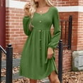 thumbnail image 2 of WTOBBY Women's Fashion Round Neck Casual Slim Solid Waist Long Sleeve Dresses - Elegant and Fitted Dress with Waist Accent, Perfect for Slimming Silhouettes or Office Wear,Mint Green XL, 2 of 5