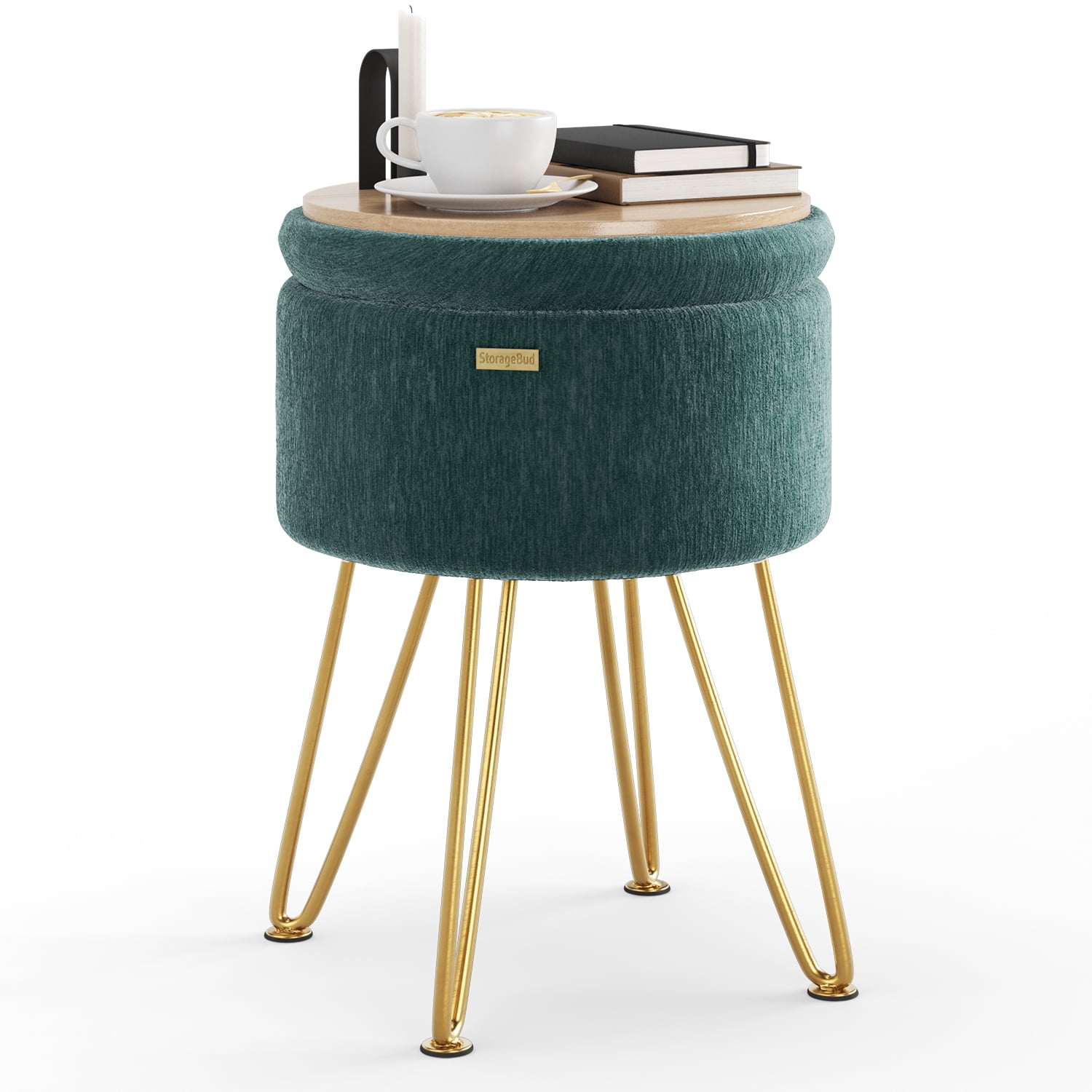 LammaLoe Small Round Ottoman with Storage, Textured Velvet Ottoman Foot Stool with Lid, Upholstered Vanity Stool for Living Room & Bedroom, Green