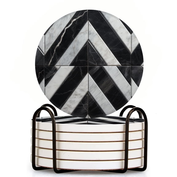 Black And White Marble With Diagonal Pattern Set of 6 Ceramic Coasters with Holder, Absorbent Drink Bar Coasters, Table Coasters for Living Room Decor Tabletop Protection