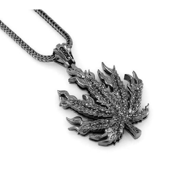 Hip Hop Bling Hematite Black Rock The Ganja Leaf Pendant