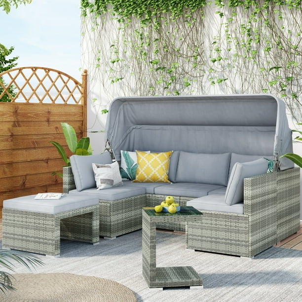 Enyopro 5 Piece Pe Rattan Patio Daybed Outdoor Bed Furniture Sofa Set With Enyopro 5 Piece Pe Rattan Patio Daybed, Outdoor Patio Bed Furniture