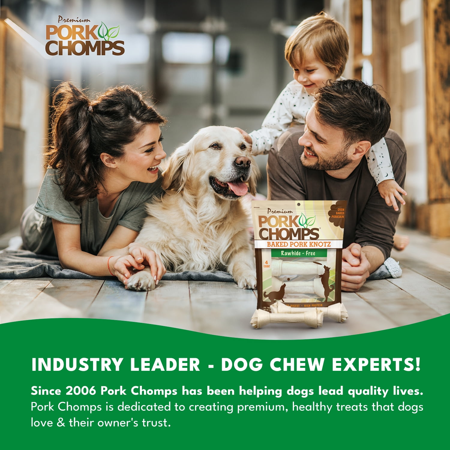 Pork Chomps Premium Rawhide-Free Baked Pork Skin Knotz for Dogs, 11 Inch, 4 Count