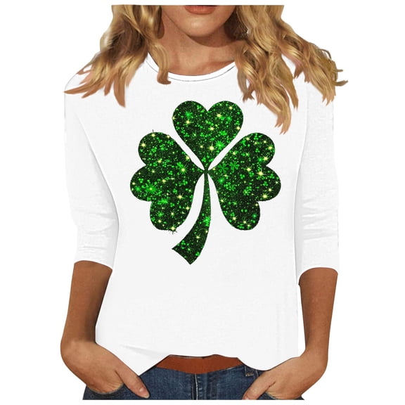 Aofany 3/4 Length Sleeve Womens Tops Irish Shamrock Print St Patricks Day Shirt Women Crew Neck Pullover Graphic Tee Tops Saint Patricks Day T Shirts