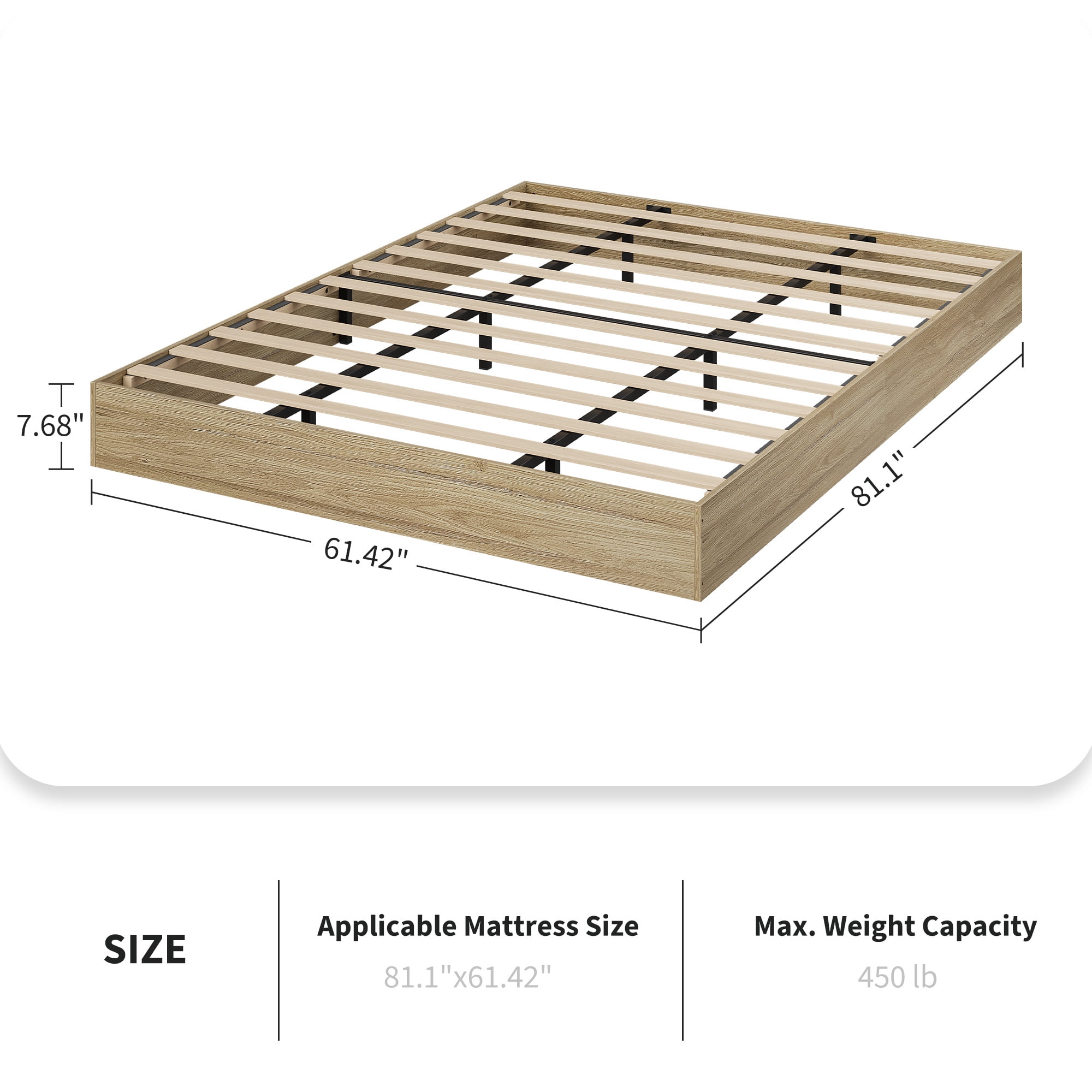 CazToi Queen Size Wood Platform Bed Frame No Headboard Design with Wood Slat Support No Box Spring Needed