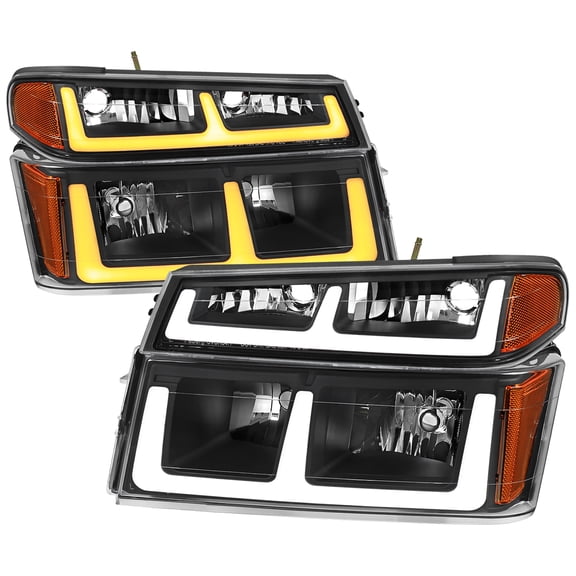 LED Bar Factory Style Headlights w/ Amber Corner Lamp (Black Housing/Clear Lens) Made for and Compatible with 2004-2012 Chevrolet Colorado GMC Canyon