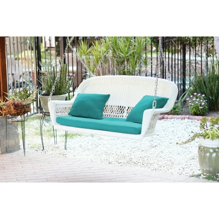 Jeco White Resin Wicker Porch Swing with Turquoise Cushion