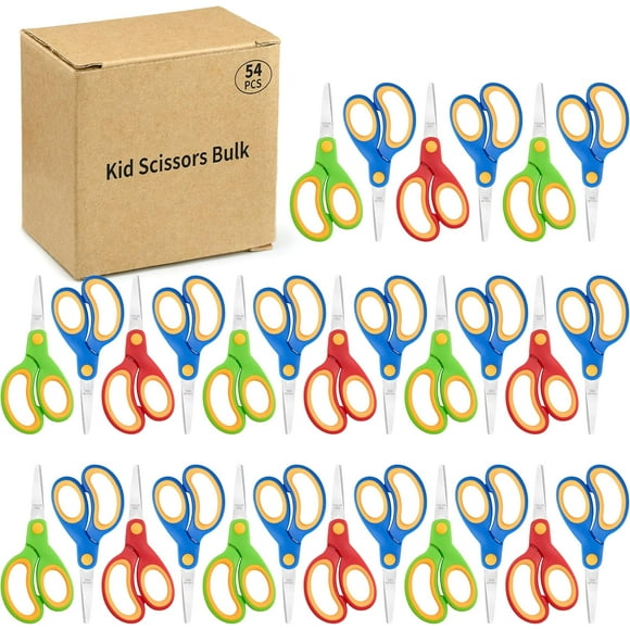 Ciseaux pour Enfants en Vrac, 54 Pcs Ciseaux de Classe Toucher Doux, Ciseaux pour Enfant à Bout Rond Sécuritaires avec Lame à Angle Plat et Poignée Antidérapante pour l'École et les Bricolages, Trois Couleurs