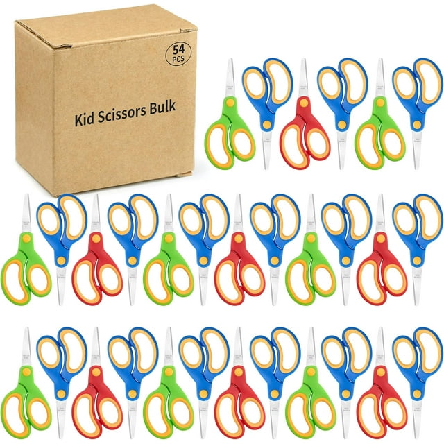 Kids Scissors Bulk, 54 Pcs Soft Touch Classroom Scissors, Safe Round-Tip Child Scissor with Flat-Angle Blade and Non-Slip Handle for School and Crafts, Three Colors