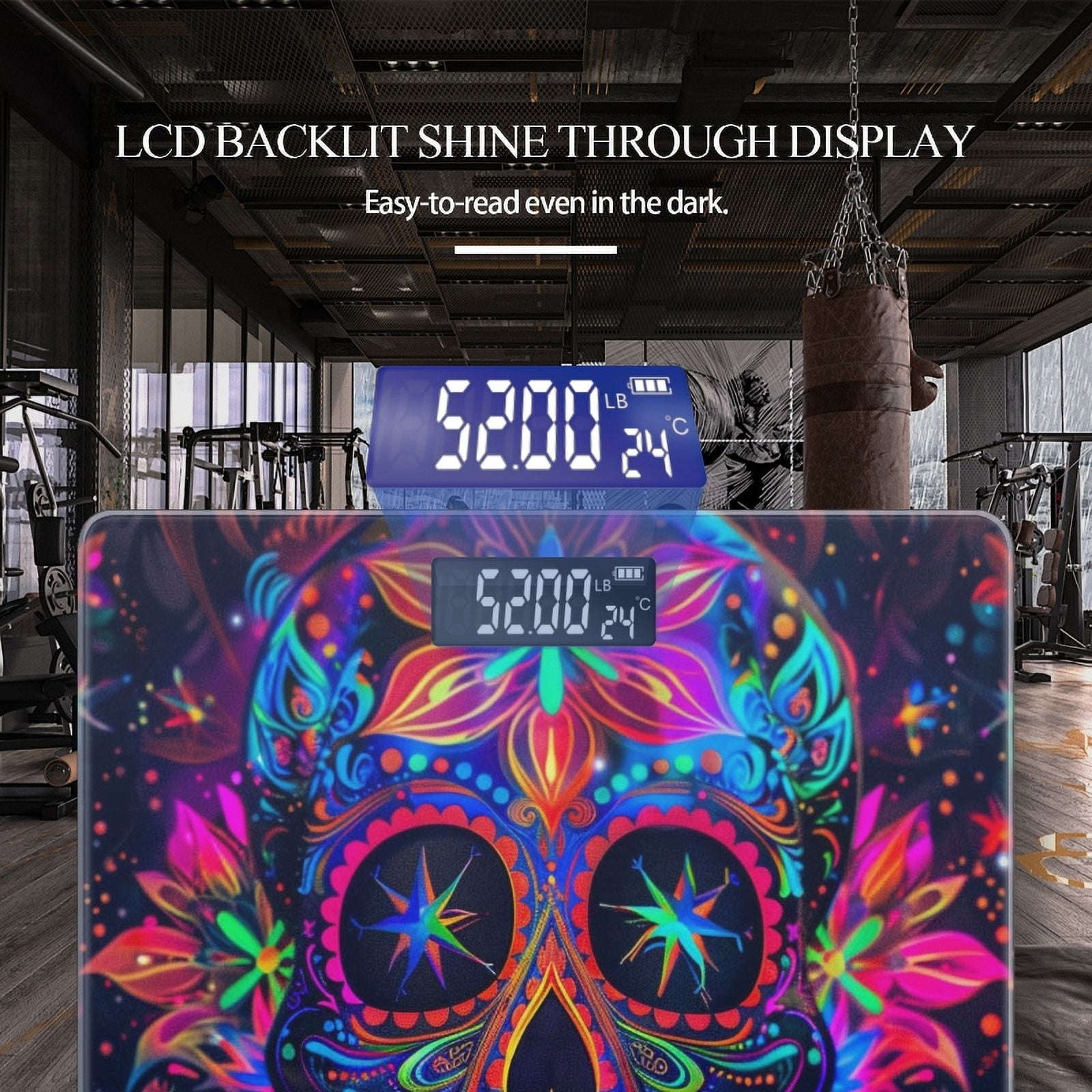 High Precision Body Weight Scale Smart Bathroom Scales with Large LCD Display(400lbs),Decorative for Bedroom-Mexican Skull With Neon Colors