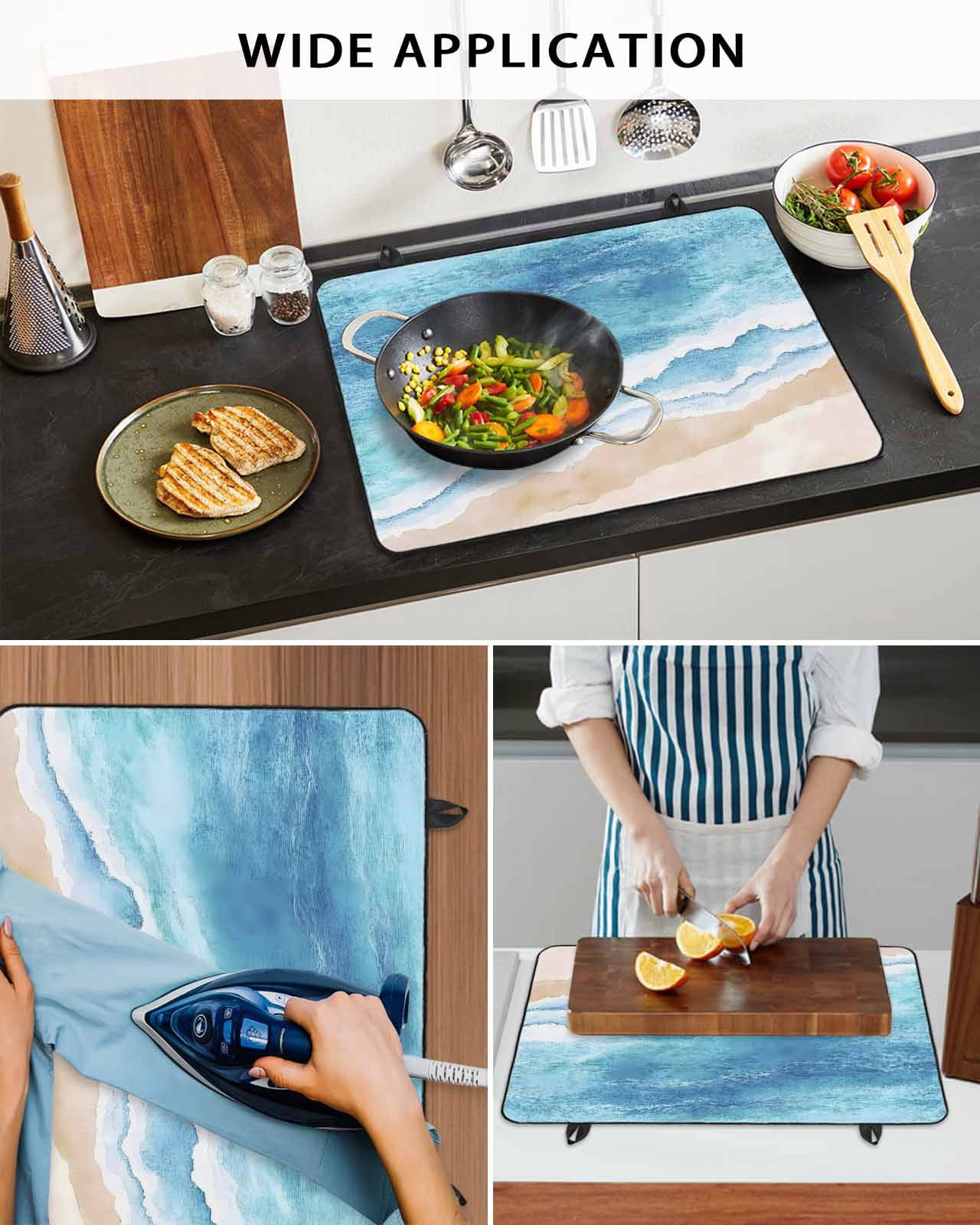 nqOlkjepod Large Induction Cooktop Protector Mat 24"x21", Blue Waves Stove Top Covers for Electric Stove, Gradient Beach Abstract Oil Painting Art Stove Burner Cover Mats, Glass Top Stove Cover