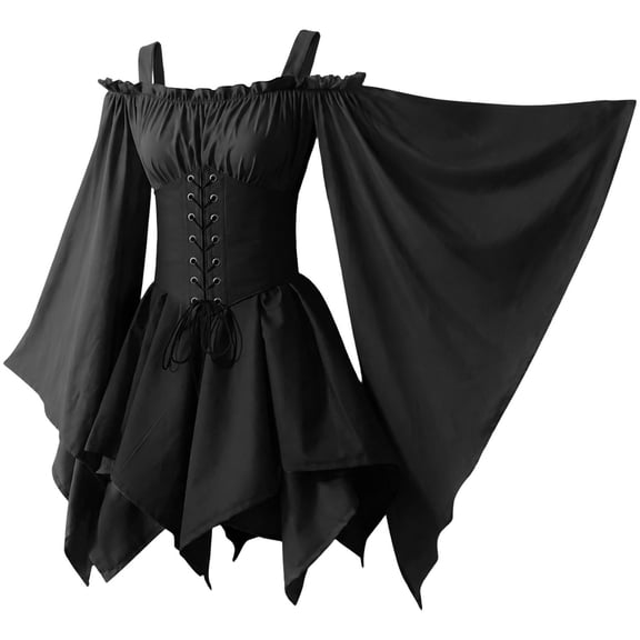Womens Gothic Witch Costume Dress Cold Shoulder Bell Sleeve Lace Up Corset Asymmetrical Hem Dress for Halloween Cosplay Party, Black, XXL