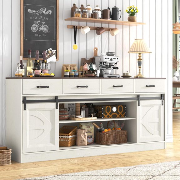 Farmhouse Buffet Cabinet, 70” Large Sideboard Cabinet with 3 Drawer, Rustic Storage Cabinets with Sliding Barn Door, Coffee Bar for Dinning Room, Kitchen, Hallway, and Living Room, White