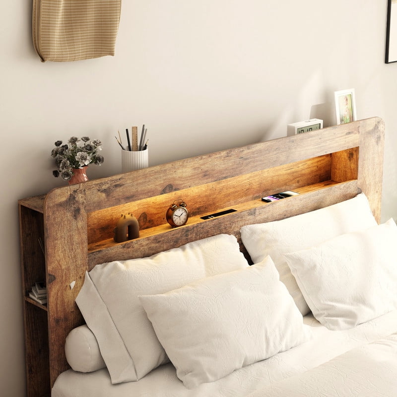 Farmhouse Full Size Bed Frame, Wooden Platform Bed with Storage LED Light Headboard and 2 USB Ports, Noise Free,No Box Spring Needed