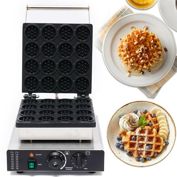 Commercial Waffle Maker 16pcs Mini Round Nonstick 1750W Electric Muffin Machine Stainless Steel 110V Temperature and Time Control