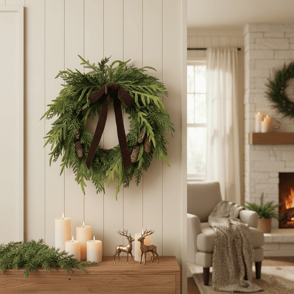 20in Artificial Olive Christmas Wreath, Elegant Farmhouse Greenery Wreath for Front Door, Realistic Holiday Wall Decor, Modern Xmas Home Decoration for Winter Season