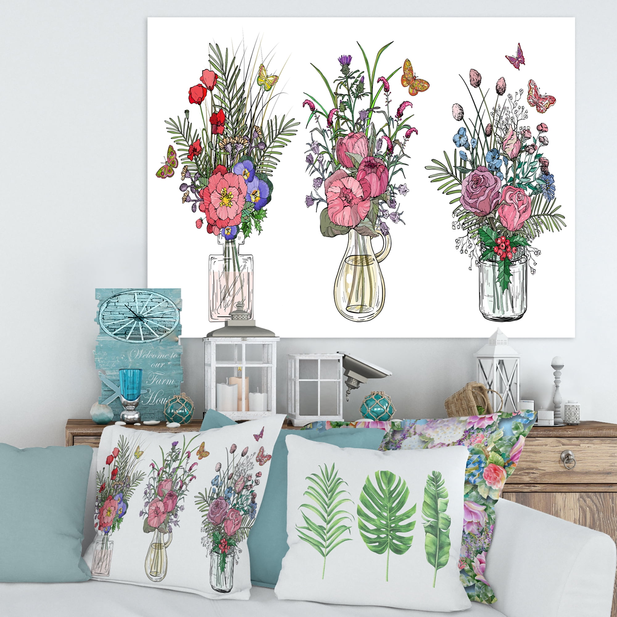 Designart ' Transparent Vases With Bouquets of Wildflowers II ' Farmhouse Canvas Wall Art Print