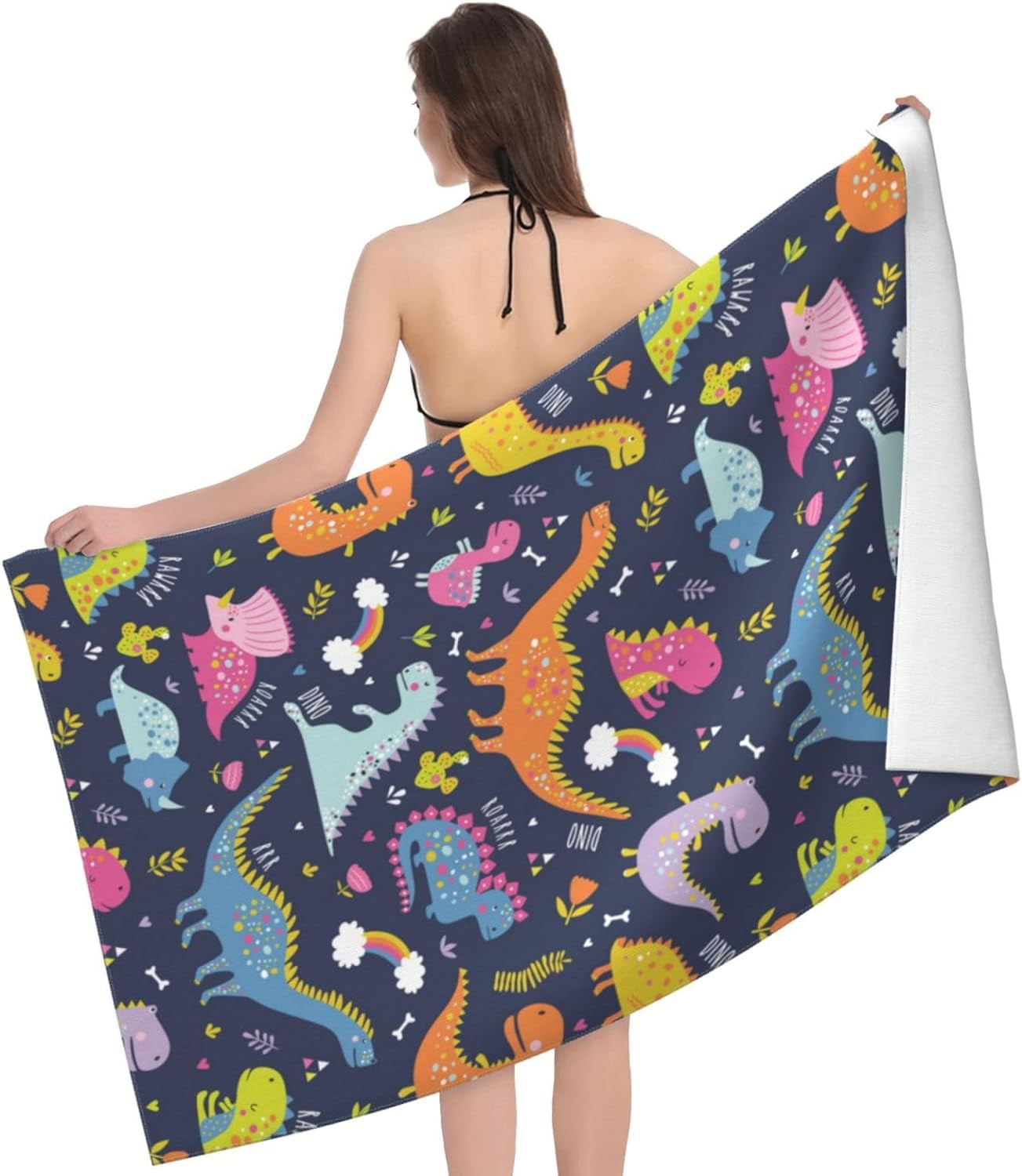 cromcu Dinosaur Beach Towel Cartoon Dinosaur for Girls Boys Adults 32 x 52 Inches Microfiber Bath Towels Quick Dry Beach Sand Proof Towels for Travel Sports Swim
