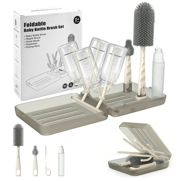 Allhall 6 Pcs Travel Bottle Brush Set, Auto-Open Rack and Vertical Brushs Drying Slots, 3 Brushes, Foldable Drying Rack, Dispenser, Travel Baby Essentials for On-The-Go Parents