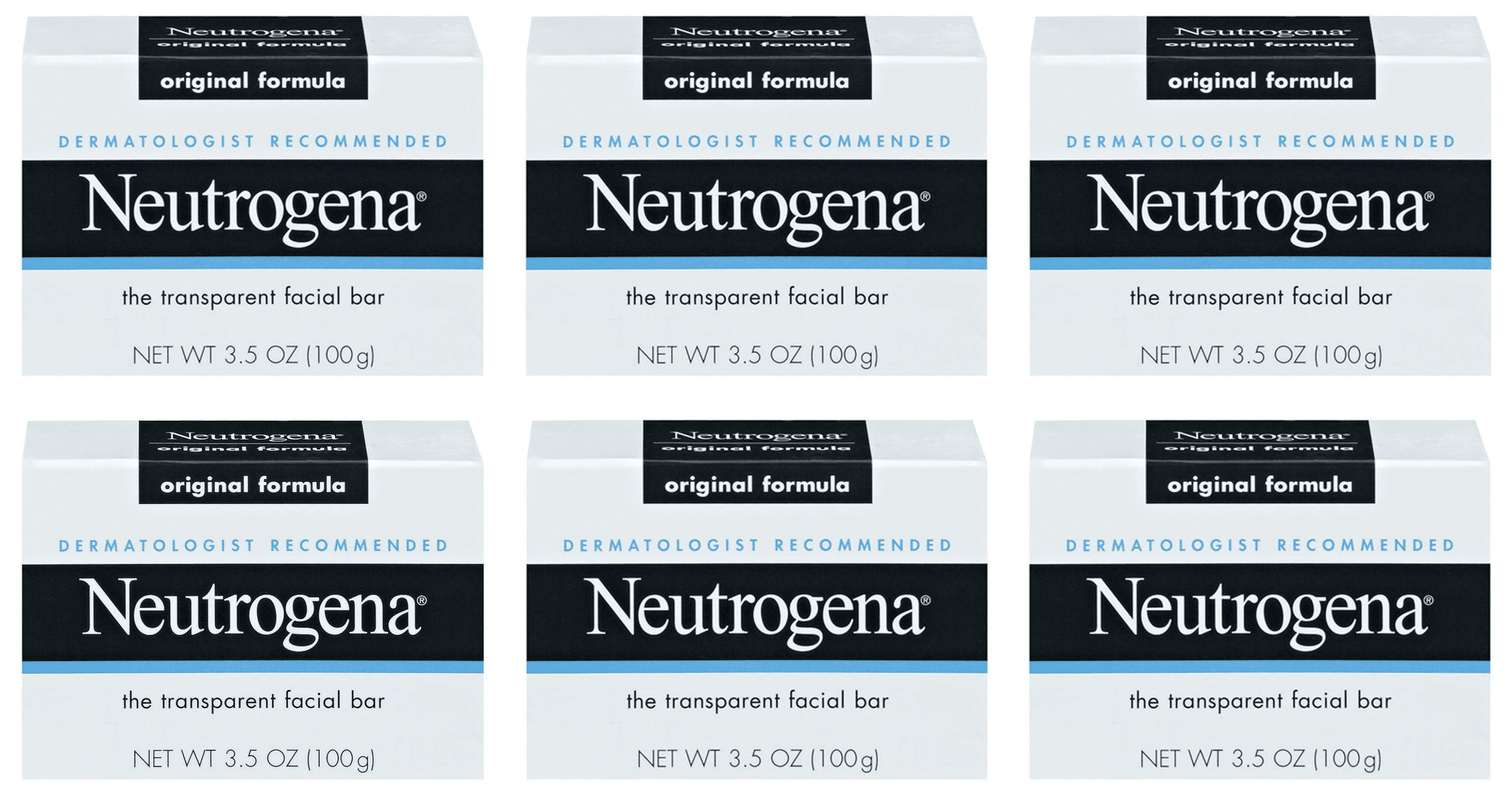 Neutrogena Original Gentle Facial Cleansing Bar with Glycerin, Pure & Transparent Face Wash Bar Soap, Free of Harsh Detergents, Dyes & Hardeners, 3.5 oz (Pack of 6)