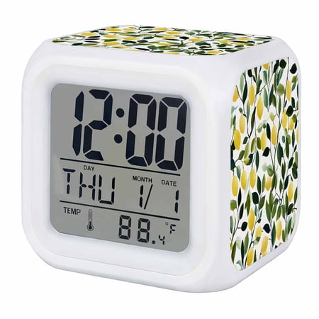 Summer Lemon Digital Alarm Clock for Bedrooms, Smart LED Alarm Clock with 7 Color Changing Night Light, Yellow Fruits Pastoral Green Botanical Silent Wake Up Clocks for Sleep Study Cooking 3.2x3.2