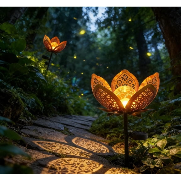Solar Flower Garden Stake Light Metal Floral Crackle Glass Outdoor Decorative LED Solar Powered Landscape Pathway Yard Patio Accent Lantern