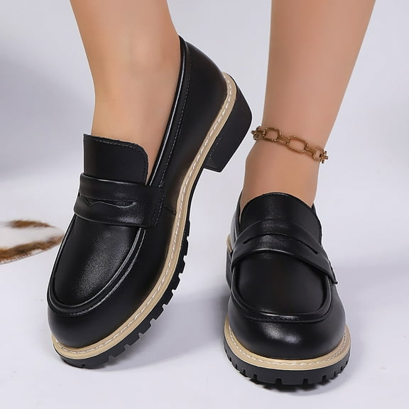 Viluyesy Womens Leather Loafers, Slip-On Chunky Sole Classic British Style Comfortable Casual Dressy Penny Shoes Black US6.5