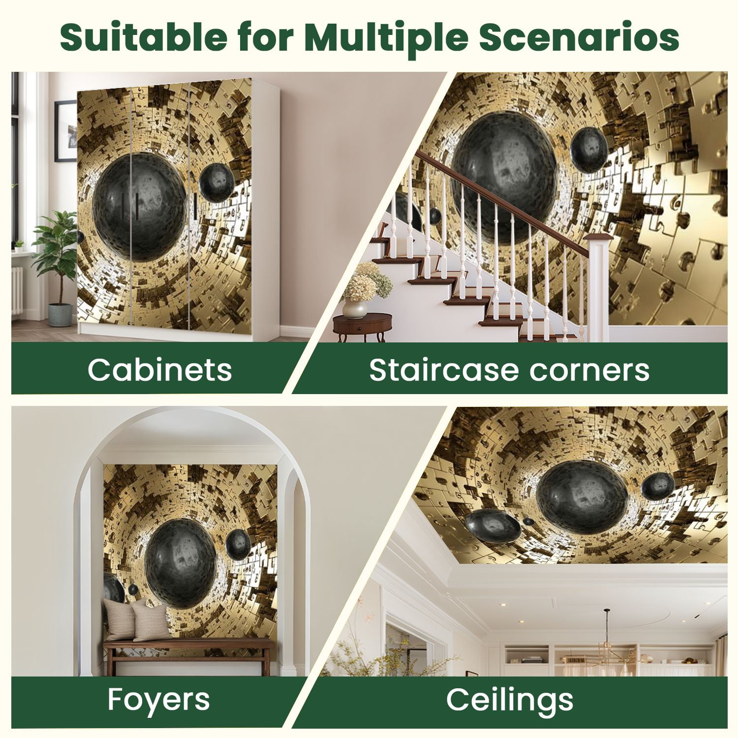 Peel and Stick Wallpaper Golden Tunnel balls coming out Modern Art Wall Mural Decor Self Adhesive and Removable 100in x 144in
